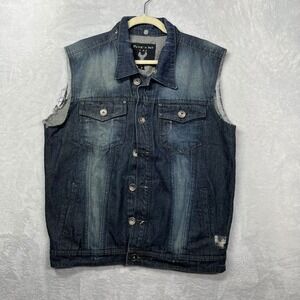 Hawks Bay USA Denim Vest Men's Blue Distressed Sleeveless Classic Y2K - Medium